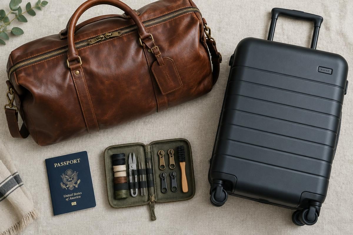 Well-kept travel luggage with a small repair kit