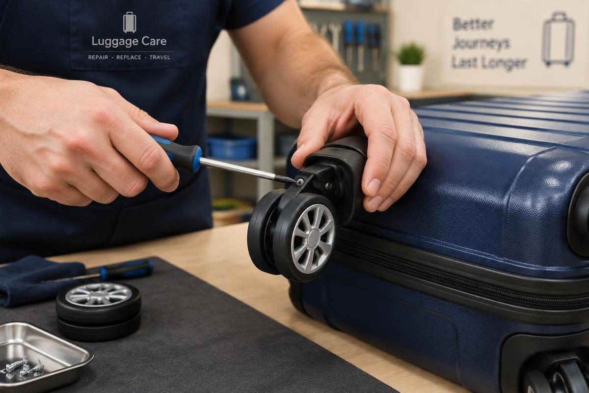 Technician replacing a suitcase wheel